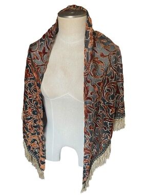 Vintage Burnout Velvet Shawl Scarf - Rust & Charcoal